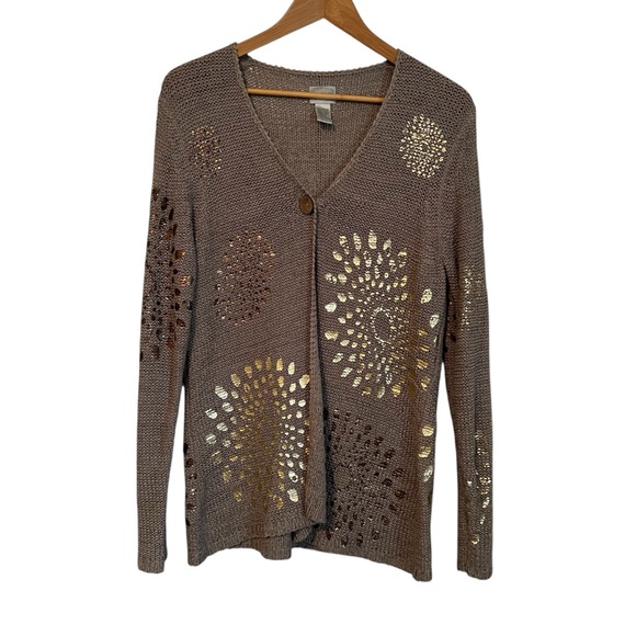Chico's Taupe Knit Cardigan with Gold & Bronze Accents - Picture 3 of 6